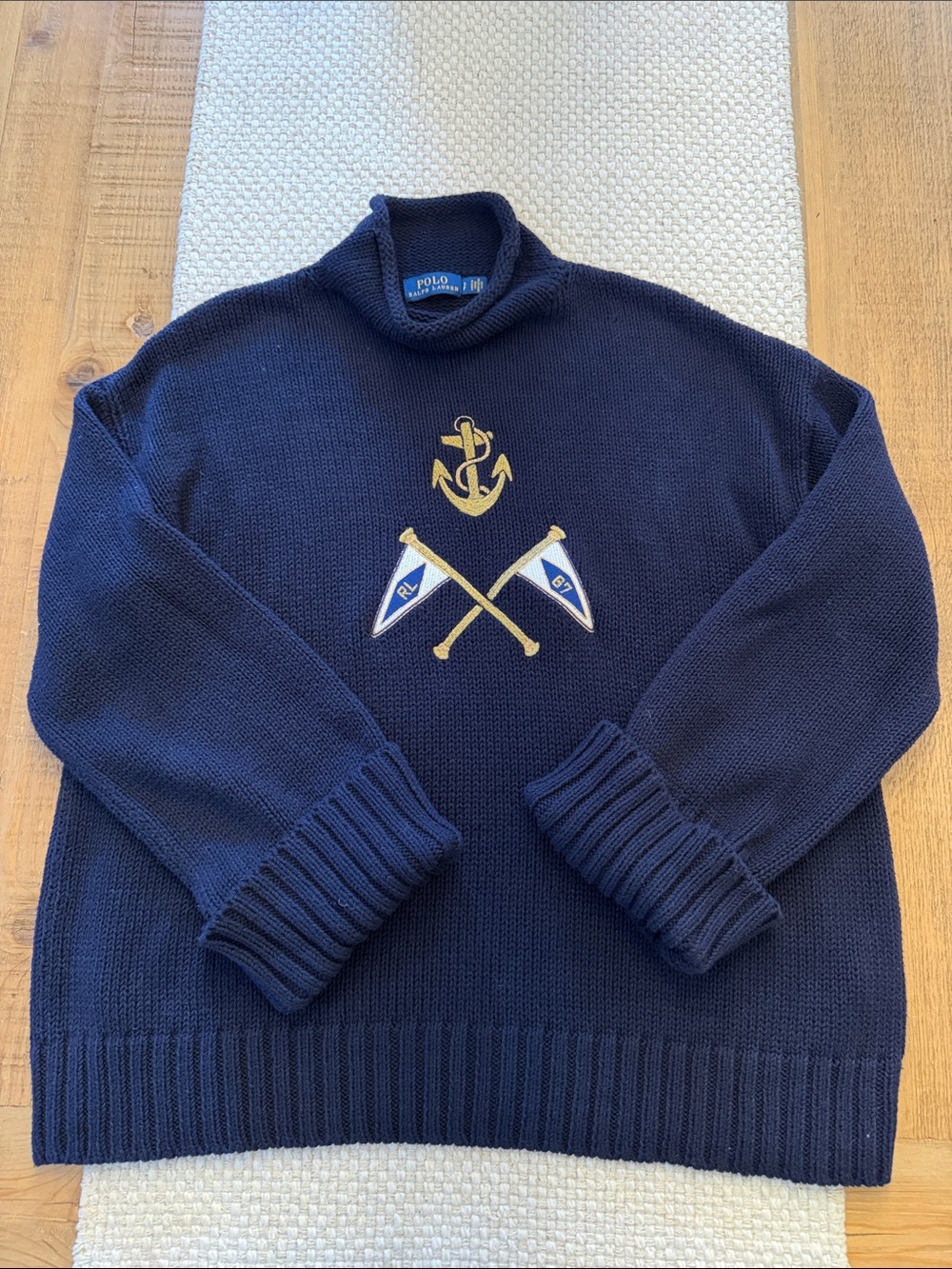 Polo by Ralph Lauren Navy Turtleneck Sweater with Gold Nautical Emblem